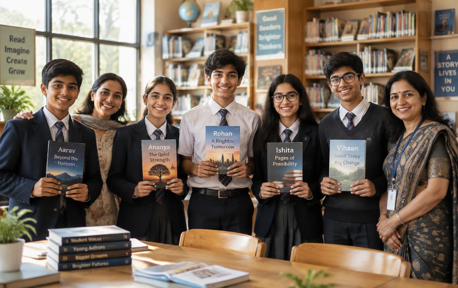 School students from Class 8 to Class 12 holding their own published books with a proud parent and teacher in a school library